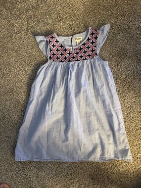 Hatley Blue Pinstripe Dress with Red & Navy Embroidery